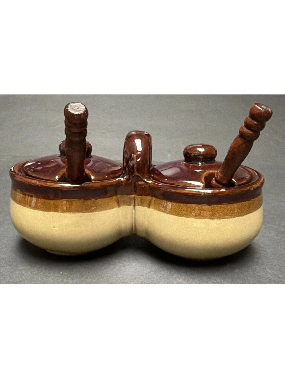 Vintage Stoneware Two-Tone Brown Tan Double Condiment Set Lids Spoons Taiwan